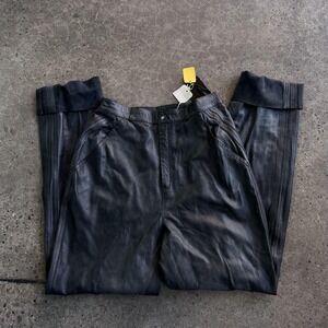 Suzelle Leather Pants Womens Large Black Elastic Back Zip Fly Suede Trim Pockets